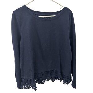 Talbots Navy Blue Shirt Tee with Eyelet Lace Hem - Size XL